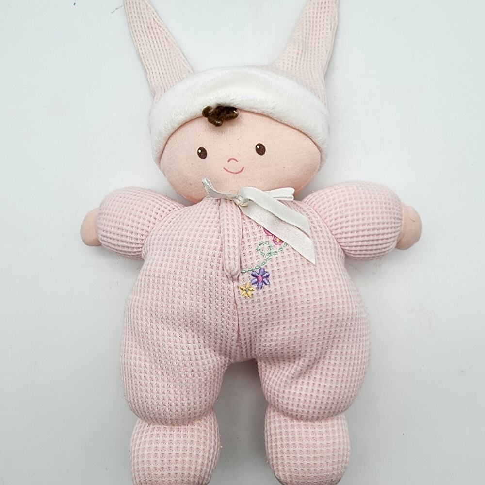 Carters Child Mine Pink Doll Rattle Plush 9" Waffle Thermal Brown Hair Buttefly
